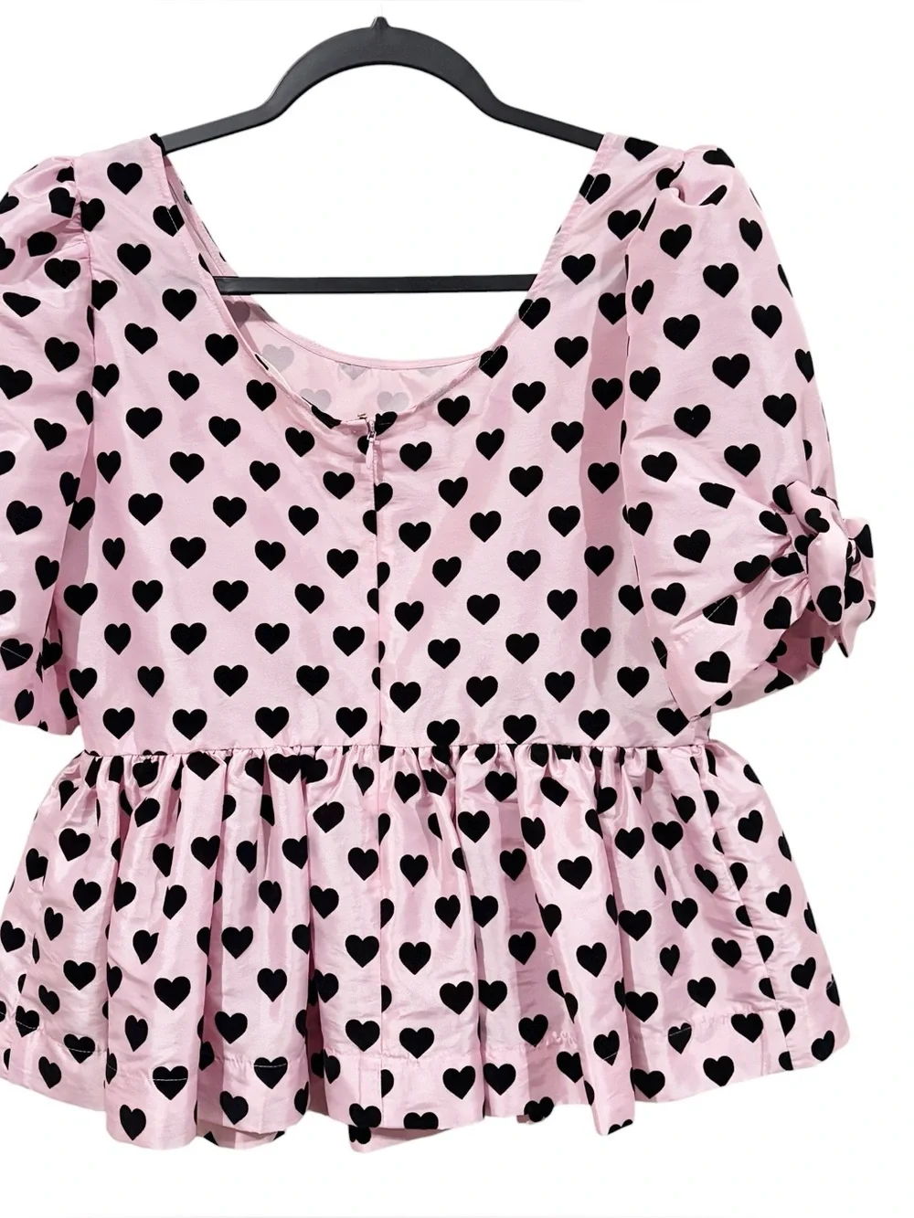 LoveShackFancy Keily Top Pink Black Heart Print Peplum Puff Sleeve Blouse Sz 6